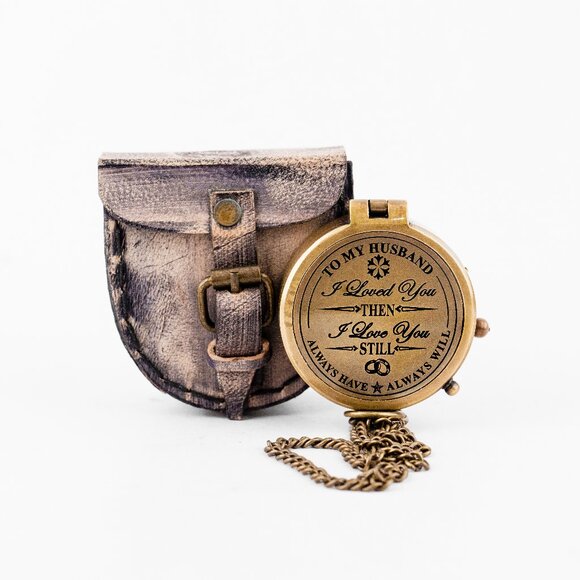 TO MY HUSBAND Brass Working Compass with 2-Inch Leather Cover Gift for Him - Picture 1 of 16